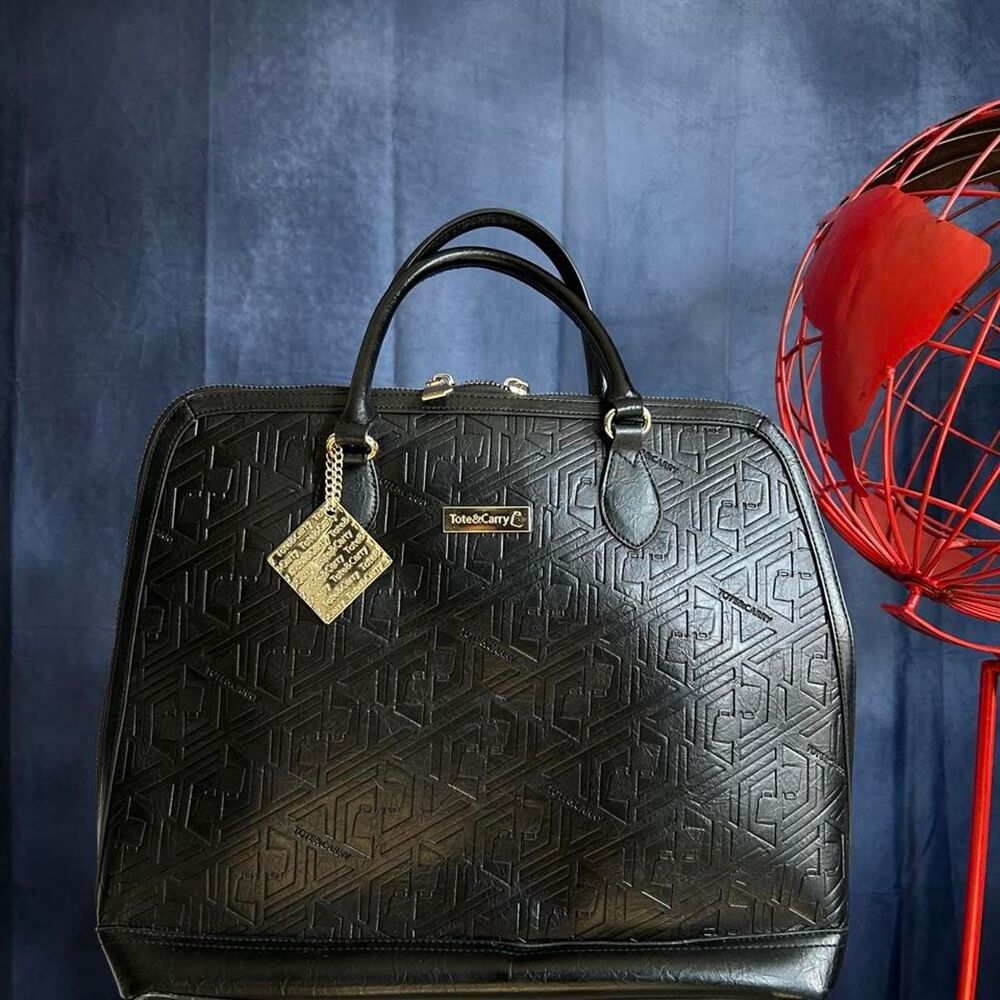 Tote & Carry Black Leather Handbag/Laptop bag with Geometric Embossed Pattern